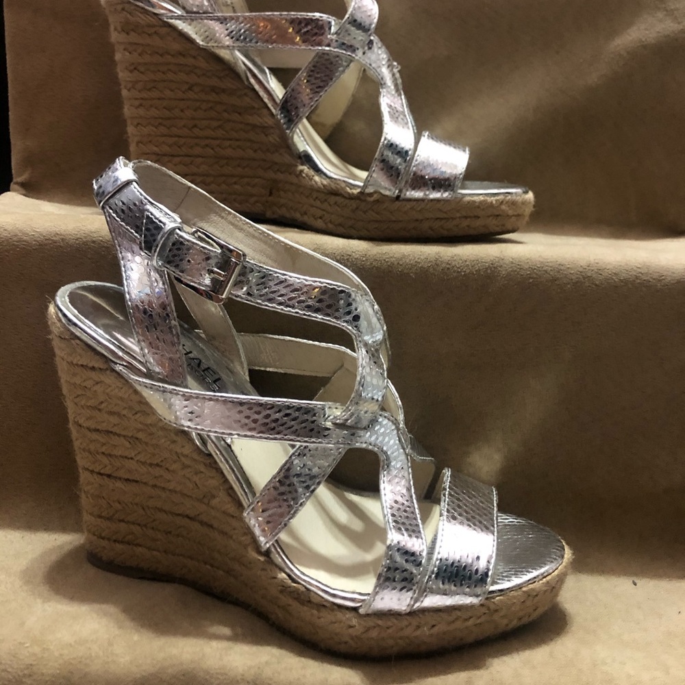 MK Silver Embossed Snakeskin wedge sandals